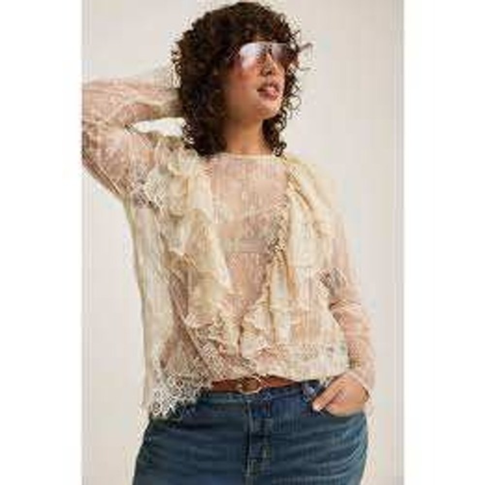 Torrid Lace Blouse Women's 1X Cream Ruffle V-Neck Long Sleeve Sheer Top